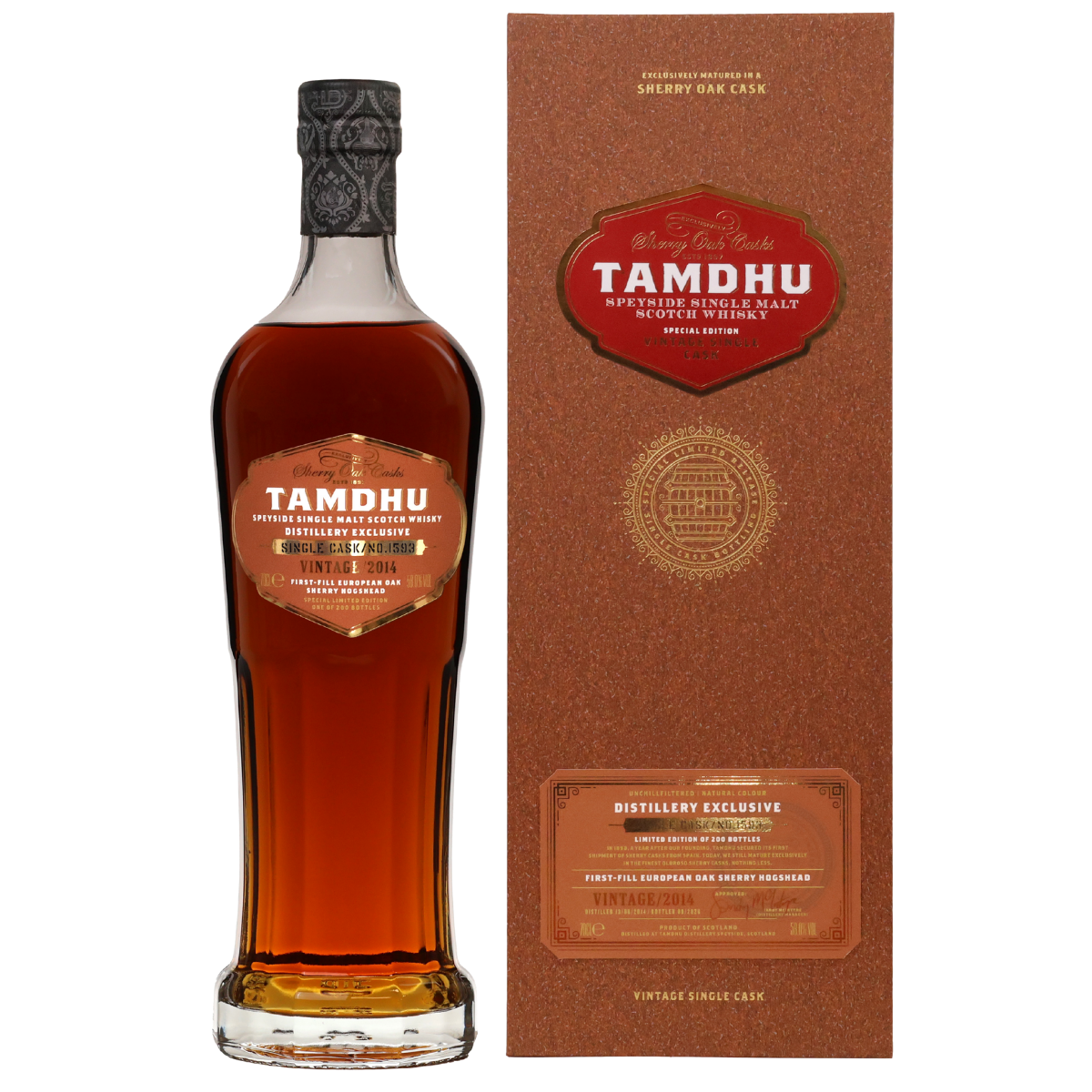 TAMDHU SINGLE MALT WHISKY 4 X 70CL 58 % EUROPEAN OAK SHERRY HOGSHEAD IND BOX CASK NO 1593 58.0% 0.7L, Spirits