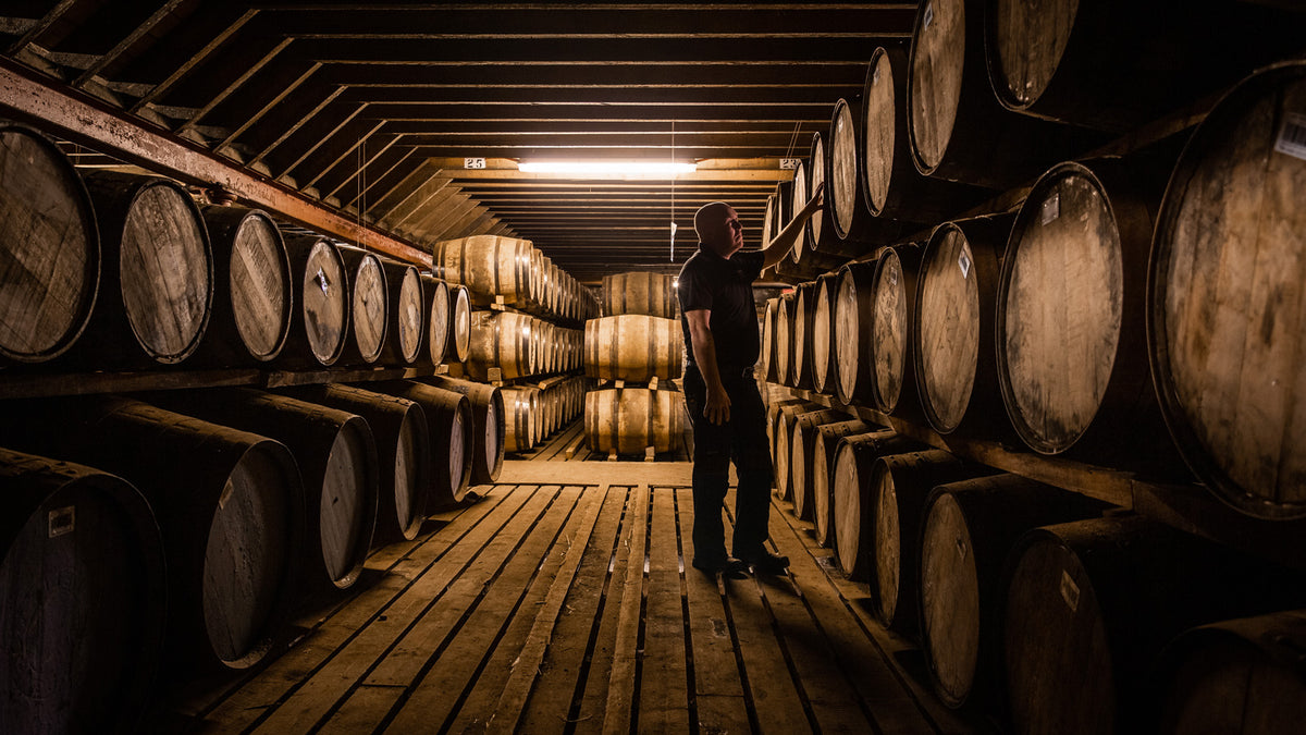 Person inspecting barrels in a dimly lit warehouse